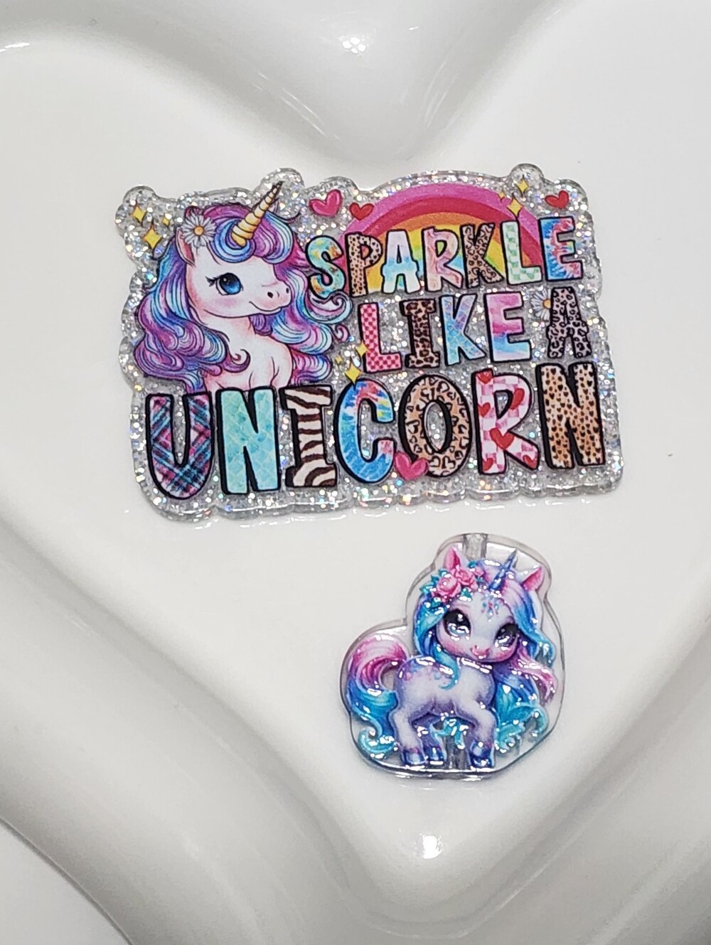 Unicorn Sparkle Flatback Focal Bead Badge Keychain Bag Clip Bow Beaded Pen